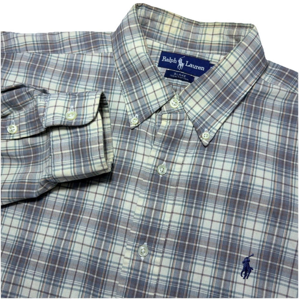 Vintage Ralph Lauren Large Blake Flannel Beige Gray Button Down Long Sleeve Shir